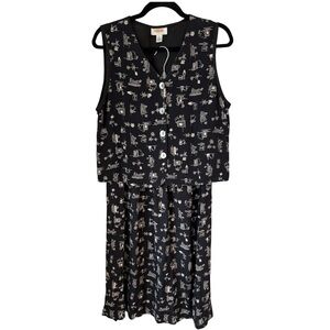 Vintage 90s Talbots Vest Skirt Set Linen Black Garden‎ Flower Themed Cottage S 6